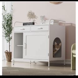 Double Drawer Cat Litter Box Cabinet - Hidden Enclosure Furniture with 2 Storage Organizers & Tall Legs, Wooden End Table for Indoor Cats (White, 34.8