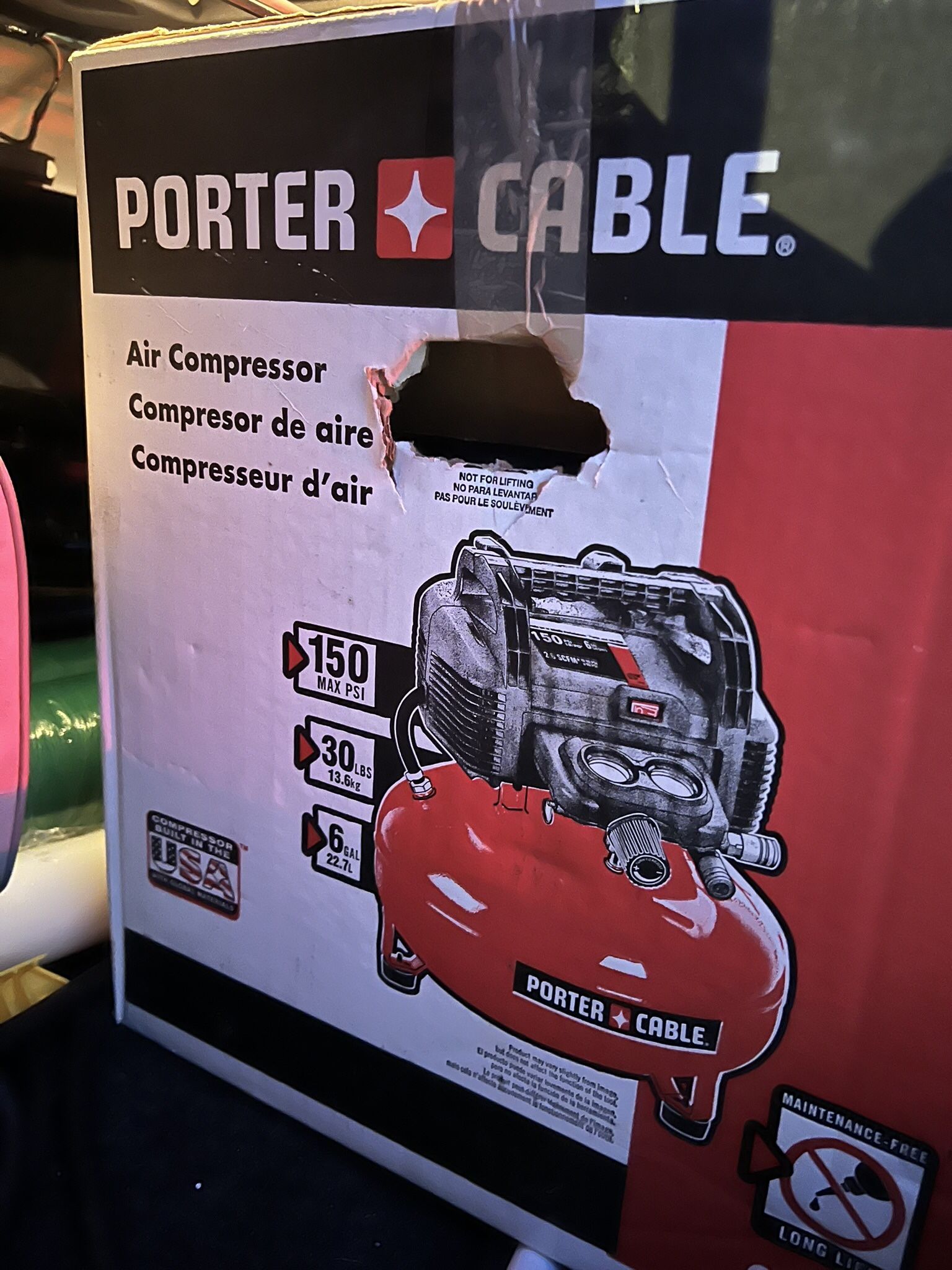 150 Psi, Porter Cable, 6 Gallon Air Compressor. $95