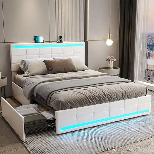 LED Bed Frame Platform Bed 2 USB Ports 4 Storage Drawers - White - Full