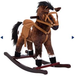 (Retail $89.99) Qaba Kids Wooden Plush Ride-On Rocking Horse Chair Toy with Realistic Sounds Dark Brown,