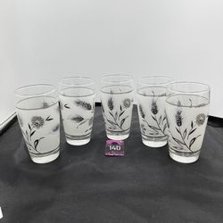 Vintage Libby Silver Wheat & Clover Drinking Glasses Set 5 5.25”H 1960’s MCM