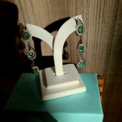 Green Emerald Gemstone .925 Sterling Silver Long Earrings 