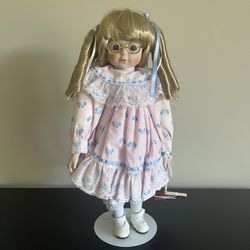 Brinns Sabrina Porcelain Doll Notebook Glasses School Girl Blonde Ringlets 14in