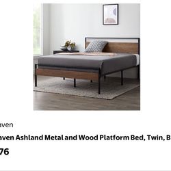 Rest Haven Ashland Metal and Wood Platform Bed, Twin, Gray and Brown 