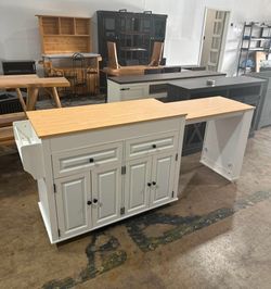 Large Extendable Kitchen Island Cart (80"-48") - Rolling on Wheels, with Extendable Dining Table, Power Outlet, 2 Cabinets, 2 Drawers & 3 Open Shelves