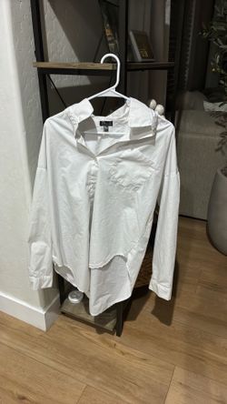 White High-Low Button Up Blouse with Front Pocket