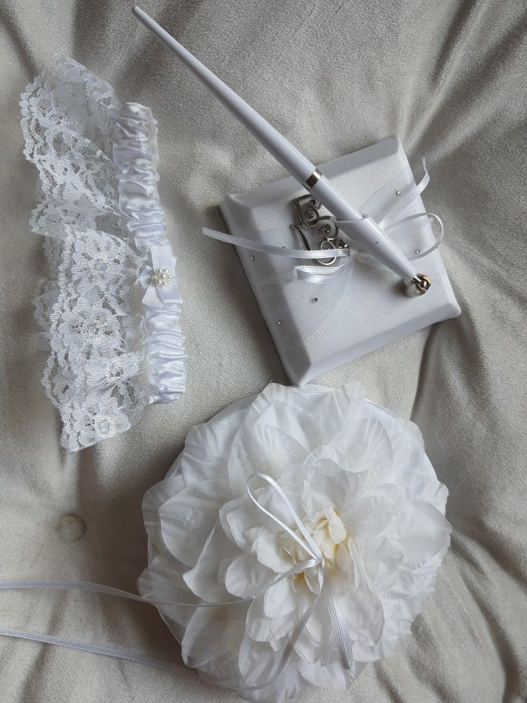 Wedding White Ring Holder, Pen, Garter Set