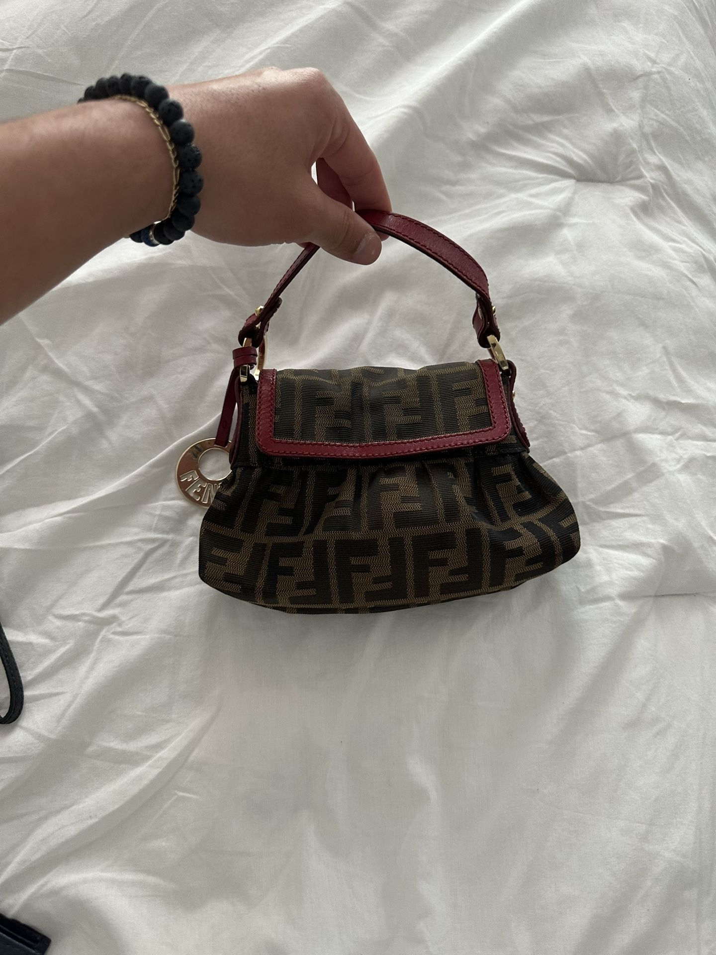 Auth Fendi Zucca Shoulder Bag Nylon Leather Brown Red 12.6x7.1x2.0in AB Rank