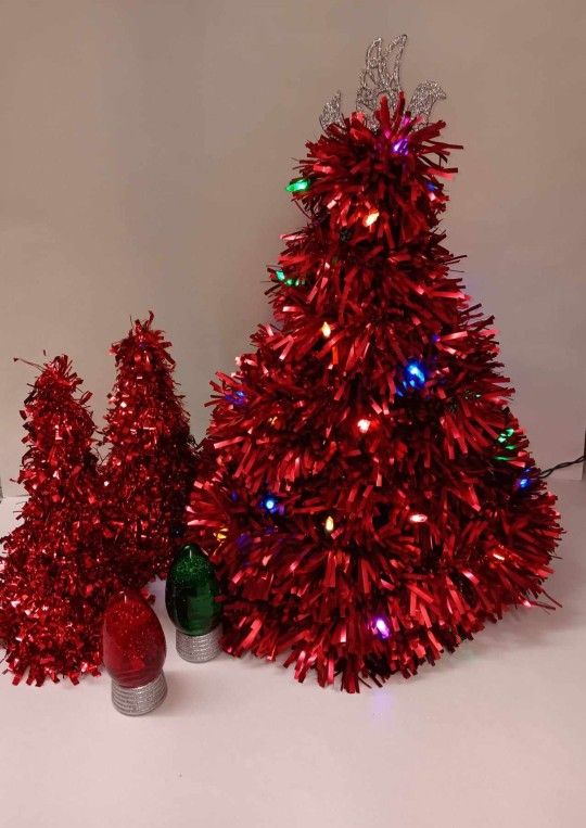 lot of 3 red tabletop tinsel Christmas trees (larger one has lights) ALL for only $10 FIRM