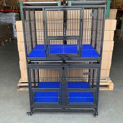 Brand New $370 Stacking Dog Cage (Set of 2) Heavy Duty 41x31x65” Crate Kennel w/ Plastic Tray, Wheels