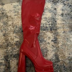 wetkiss Red Platform Knee High Boots (PU Leather) High Heel, Zip (Size 9)