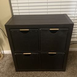 HEAVY SOLID WOOD SHELVE WITH 4 storages bins 30"x30"x15" Perfect for storage purposes Book shelves Shoes rack and many other ways it can used