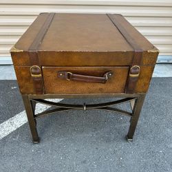 Leather suitcase side table/ end table with iron legs and storage drawer