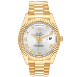 Men's Rolex 41mm Presidential Day-Date II 18K Yellow Gold Watch with Roman Numeral Silver Dial and Fluted Bezel. (Pre-Owned 218238)
