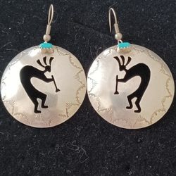 Rare Vintage Sterling Silver Turquoise Stone " Kokopelli Dancer" Earrings