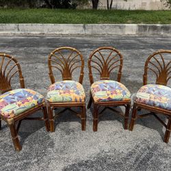 Four Multicolor Cushioned, Dining Room, Chairs, Wooden Base
