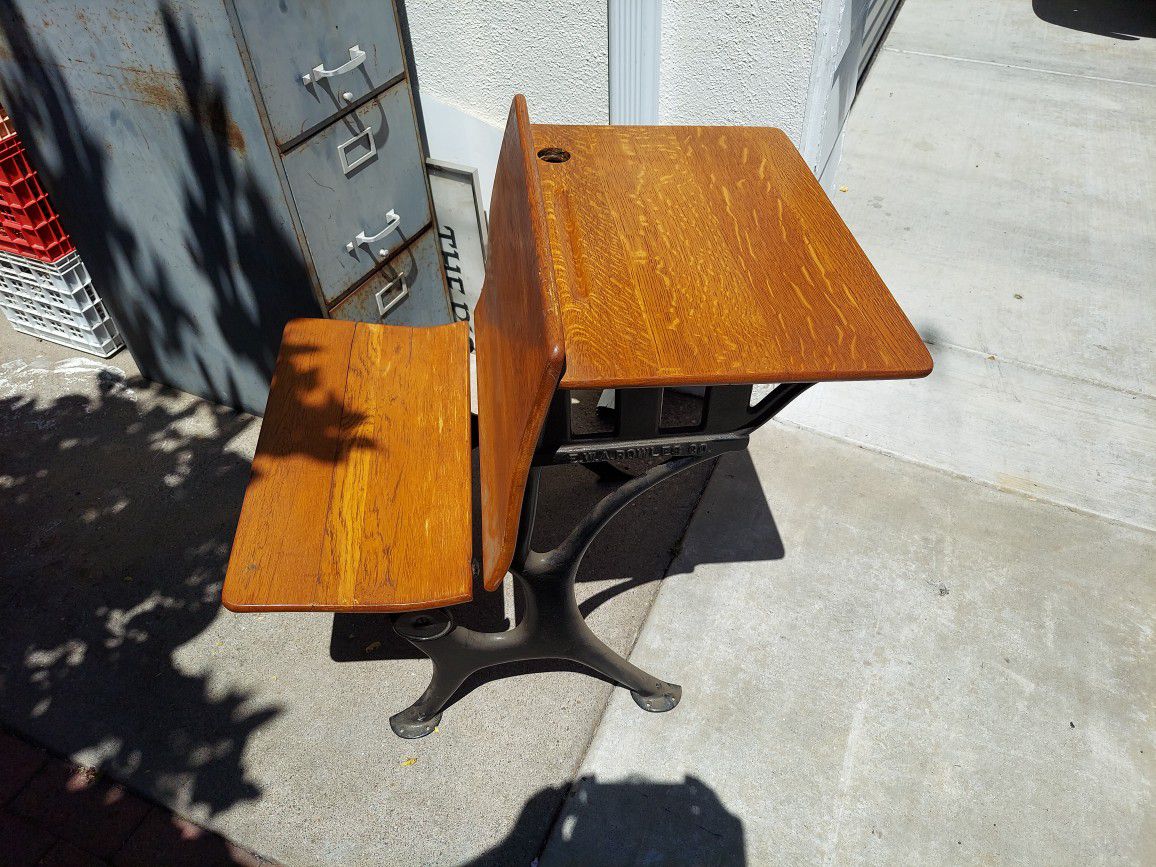 Antique School Desk Foldable Seat Cast Iron Frame