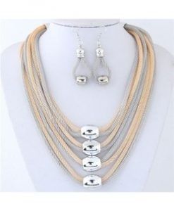 BEADS GOLD TONE DECORATED ADJUSTABLE MULTI LAYER CHAINS NECKLACE EARRINGS SET