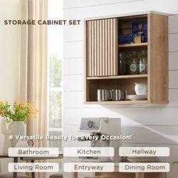 Moderno Botiquín de Baño con Puerta Corredera y Estante Ajustable, Mueble de Almacenamiento Montado en la Pared, Roble