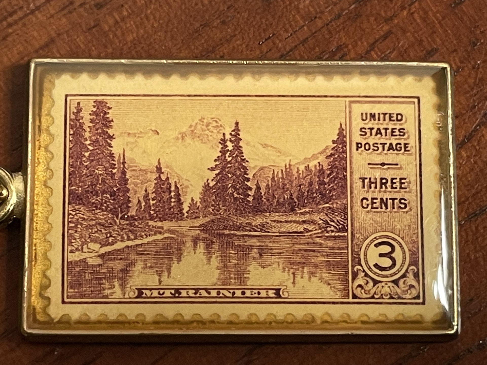 Mint 1934 (3 cent) US Postage Stamp Mt. Rainier in hand cast crystal jewelers enamel keychain
