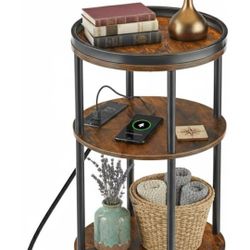 Small Round Side Table with Charging Station for Small Spaces, 3-Tier Round Accent Table with USB Ports & Power Outlets, Corner Table Sofa End Table f