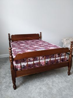 Vintage solid wood full size bed, headboard, footboard, mattress & mattress box