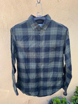 Navy Green Plaid Flannel Button-Down Shirt
