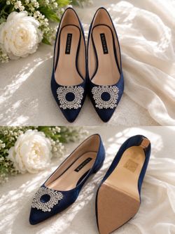 Elegant Navy Blue Rhinestone Flats – Size 7