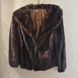 Vintage Dark Brown Mink Fur Coat Jacket With Shawl Collar, Small-medium