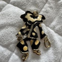 1980 Clown Pin Brooch Black, Fold, White And Crystals