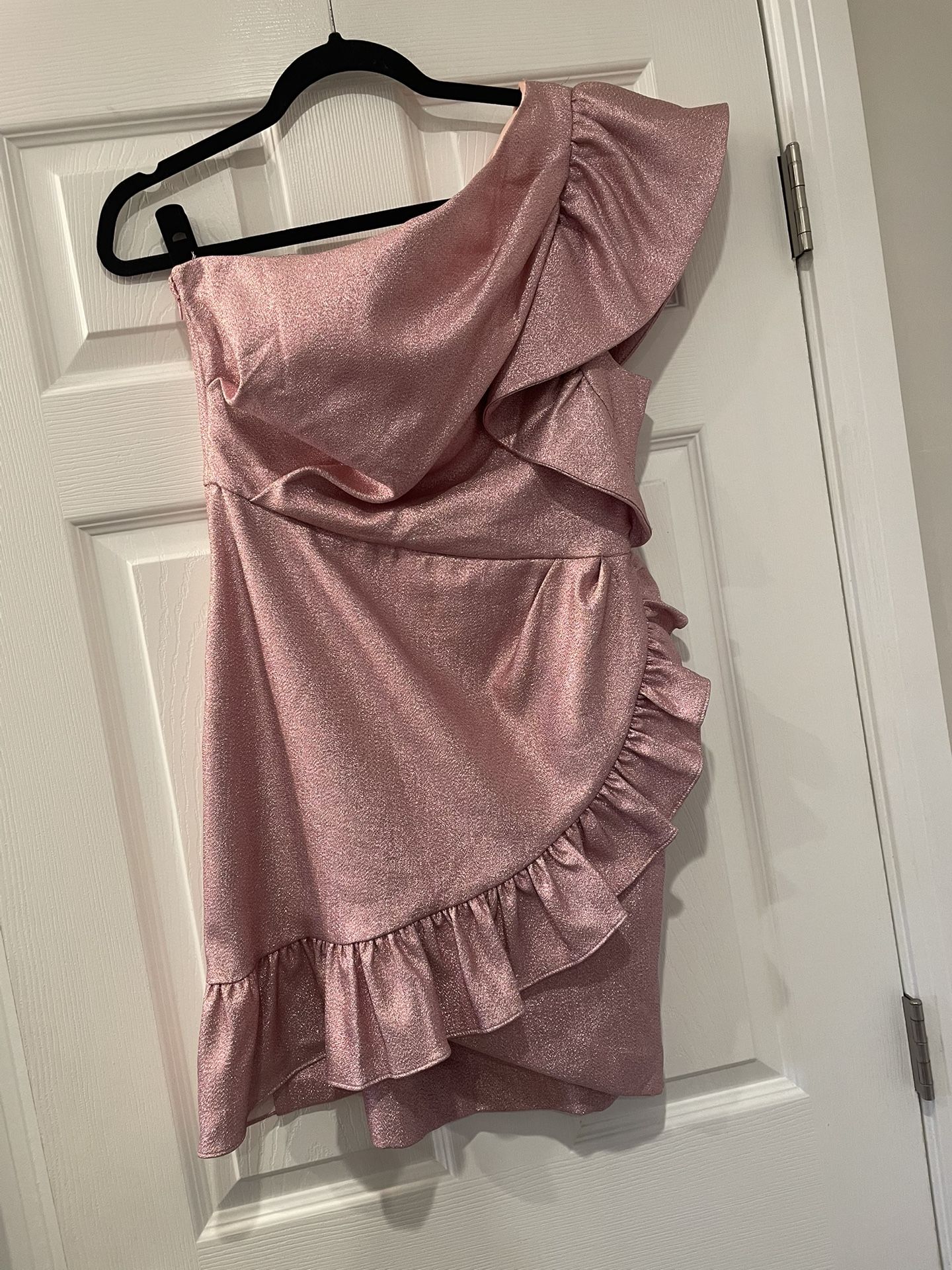 Topshop Metallic Sparkly Pink One Shoulder Mini Dress