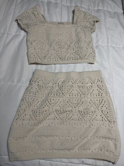 Cream knit two-piece set - cropped top and mini skirt #knitset
