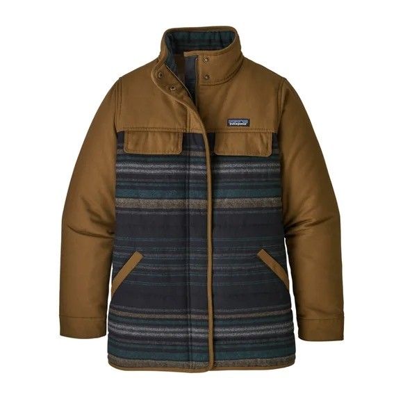 Patagonia W's Out Yonder Tan Wool Blue Stripe Coat Jacket Women Small