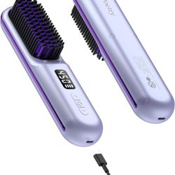 Cordless Hair Straightener Brush, Portable Mini Heated Hair Brush for Women, 9600mAh USB-C Rechargeable, Lightweight Anti-Scald Straightener for Home,
