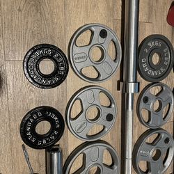 Olympic: Beautiful Set Of 7 ft Barbell With Dumbbells. All Three Grip Plates [Total: 345 lbs]