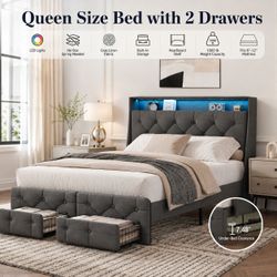 Queen bed with 2 drawers and LED LIGHT . NO BOXSPRING NEEDED GRAY