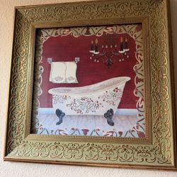 Elegant Framed Bathroom Wall Art – Vintage Bathtub Theme – Gold Frame – Excellent Condition
