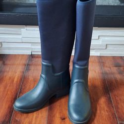 Tory Burch Tall Neoprene Rubber Rain Boots Navy Blue Size 10 Waterproof