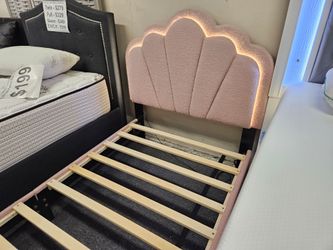 Brand new fluffy pink linen LED twin platform bedframe