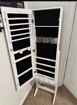 white standing mirror jewelry armoire