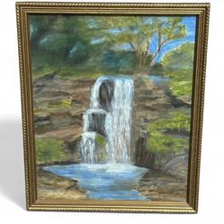 Vtg Impressionist Rocky Landscape Oil Painting With Waterfall 17 7/8 x 22”