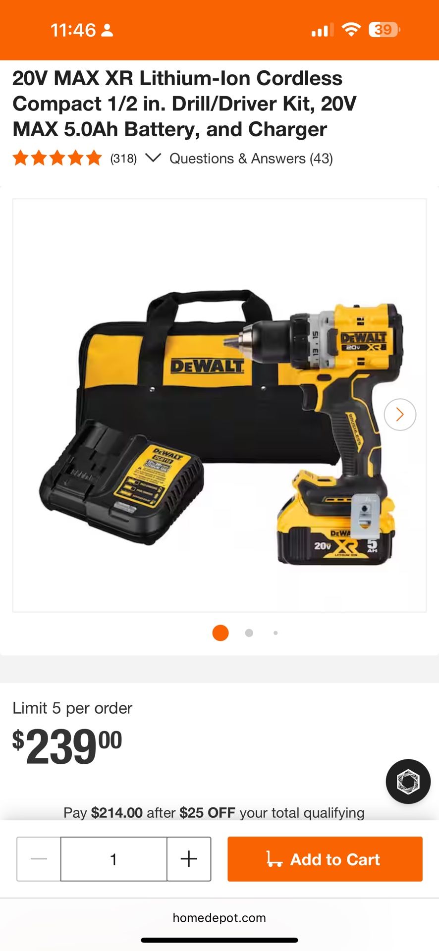 20V MAX XR Lithium-Ion Cordless Compact 1/2 in. Drill/Driver Kit, 20V MAX 5.0Ah Battery, and Charger