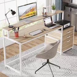 JW0712 63 Inch Computer Desk with File Drawer Cabinet, Ergonomic Office Desk with Monitor Stand, Industrial Computer Table with Printer Space, Wood PC