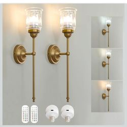 Vintage Rechargeable Battery Operated Wall Sconces Set of 2 with Clear Fringe Glass Shade, Dimmable Cordless Wall Mounted Lamp Fixtures with Remote Co