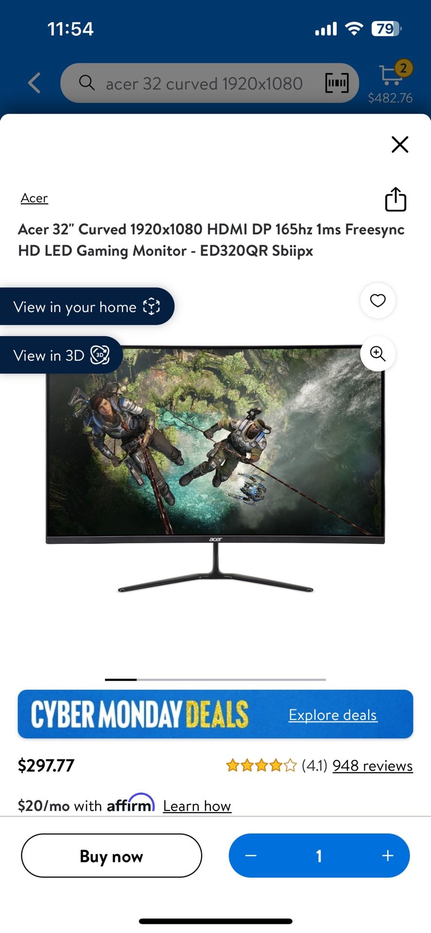 32” Acer Curved Gaming Monitor 
