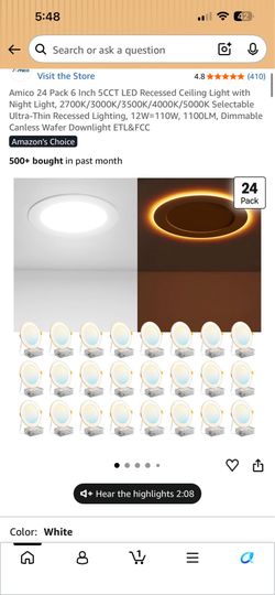 Amico 24 Pack 6 Inch 5CCT LED Recessed Ceiling Light with Night Light, 2700K/3000K/3500K/4000K/5000K Selectable Ultra-Thin Recessed Lighting, 12W=110W