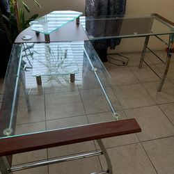 Glass L shape desk with two glass monitor stands