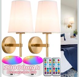 2-Pack Wireless Battery Wall Sconces – Rechargeable 10000mAh, Remote, Brass Gold
