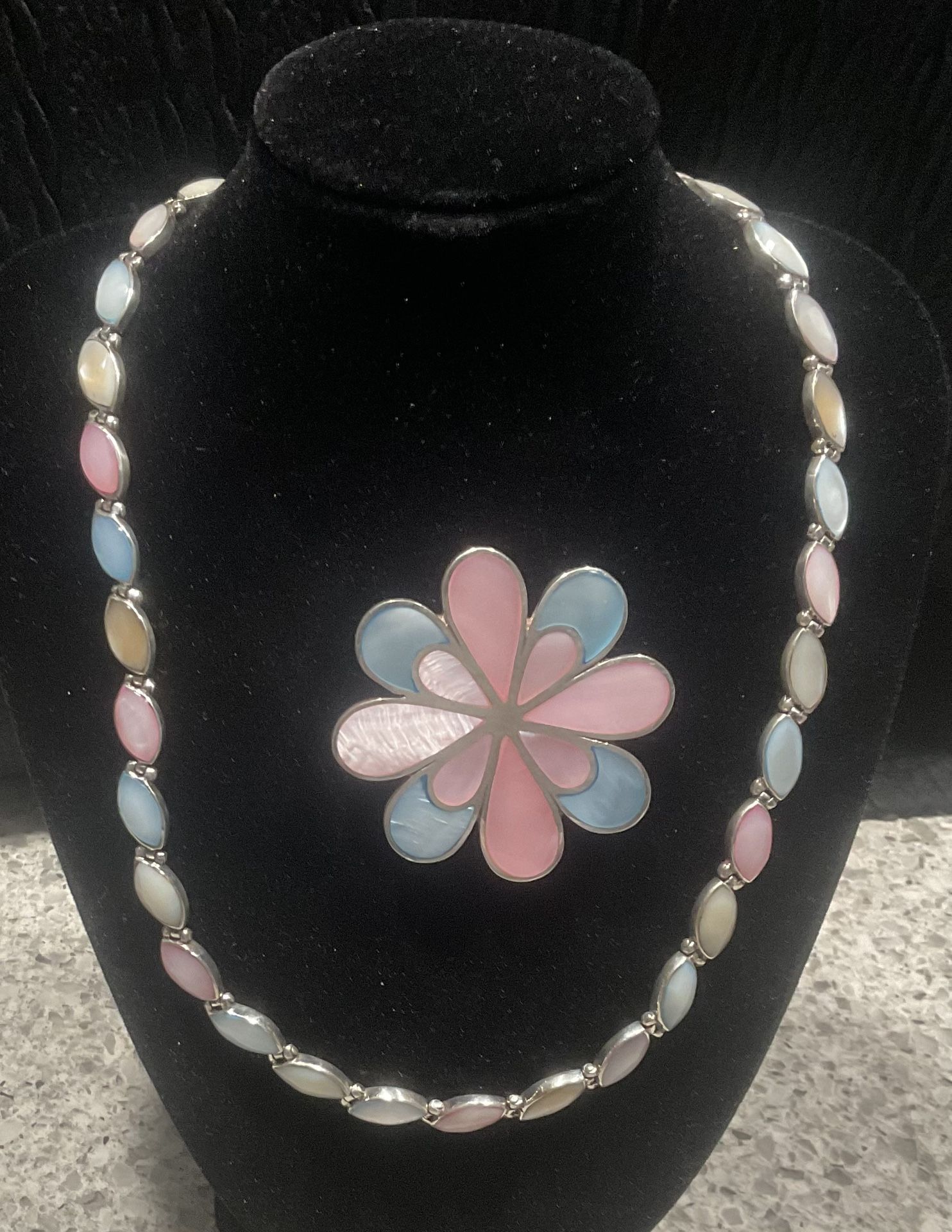 Sterling Silver Pink & Blue Nacre Necklace & Brooch