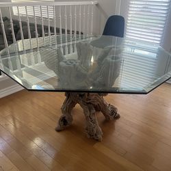 Unique vintage root wood and glass dining table with 4 chairs